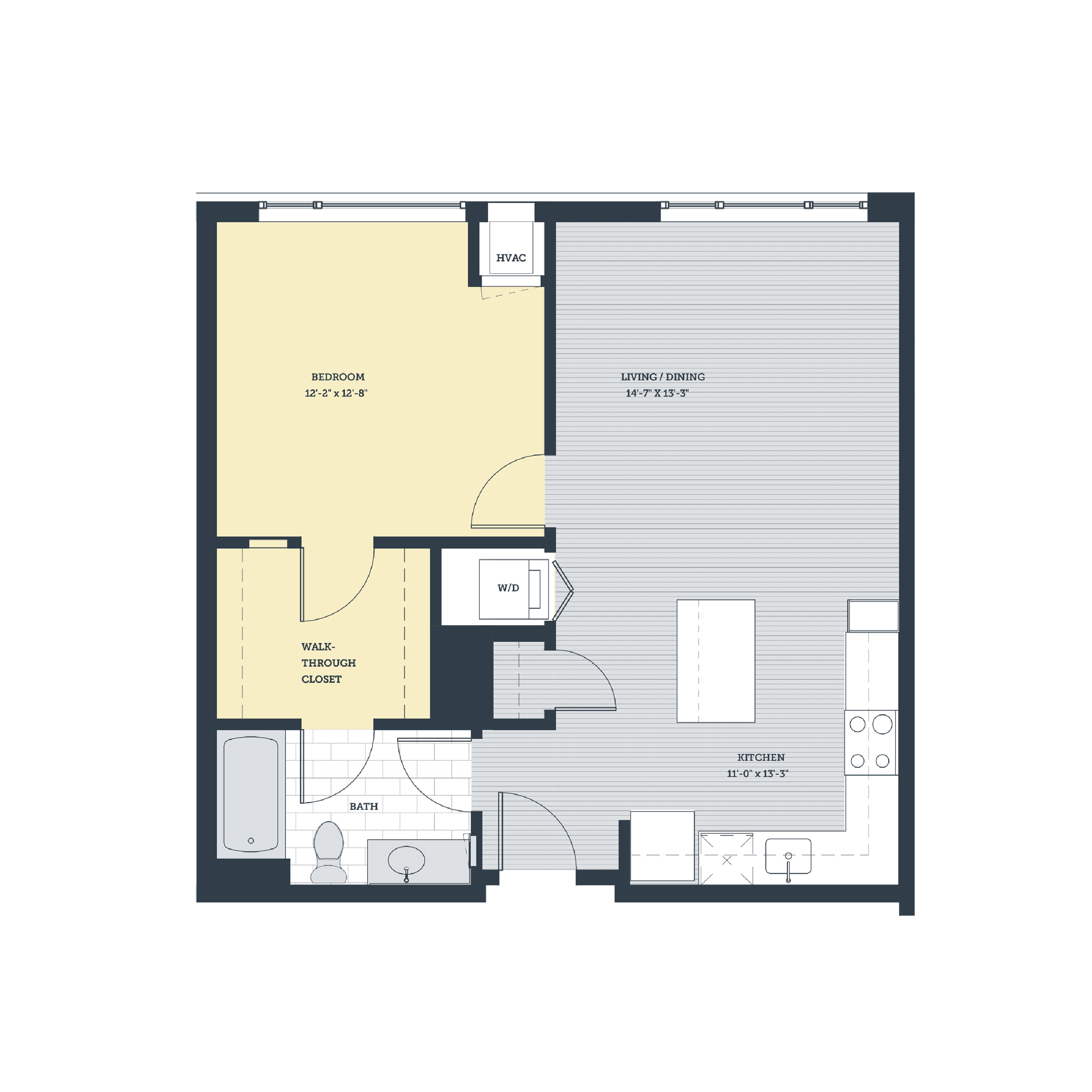 Floor plan for 1 bed, 1 bath, 734 sqft